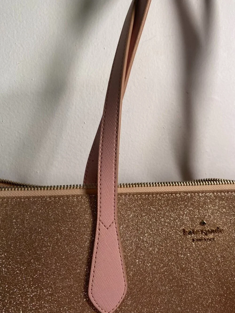 Kate Spade New York Rose Pink Glitter Tote With Pink Handles Rose Gold